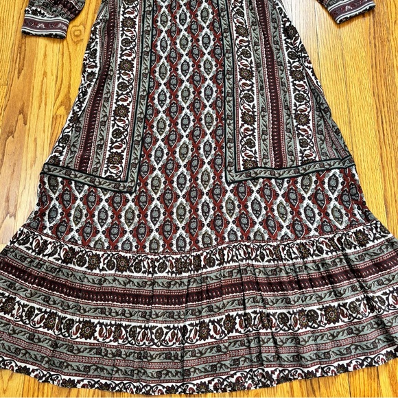 NEW Frye Boho Cottage brown paisley V-neck long sleeve pleated retro maxi dress - Picture 16 of 16